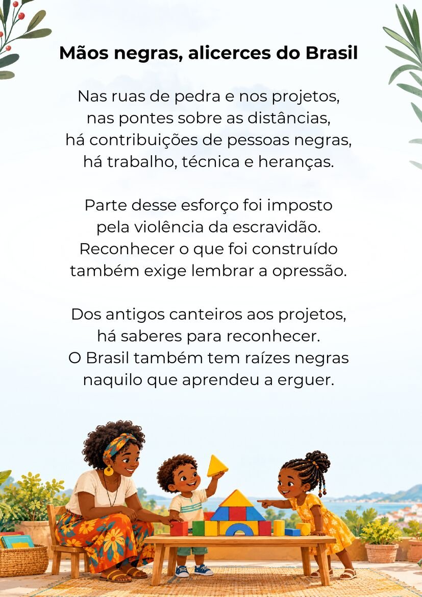 Poema Mãos negras, alicerces do Brasil, com uma mulher e duas crianças negras construindo com blocos coloridos.